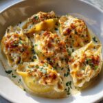 Five baked chicken alfredo stuffed shells swimming in a creamy white sauce and topped with parsley.