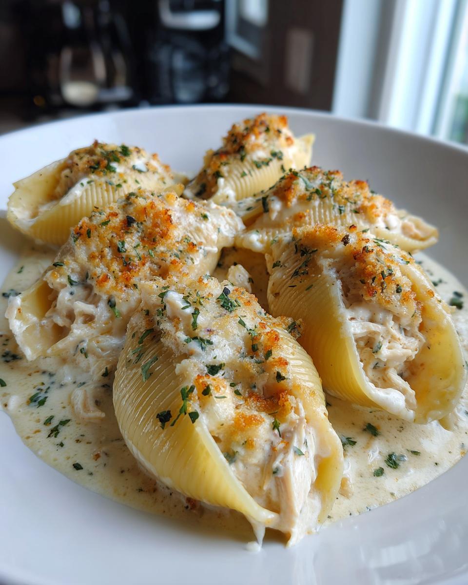 Five large pasta shells filled with creamy chicken alfredo stuffing, topped with golden breadcrumbs, served in a white bowl.