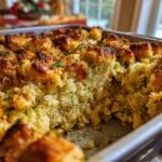 A close-up of a golden-brown chicken stuffing casserole in a baking dish, with visible chicken pieces and herbs.