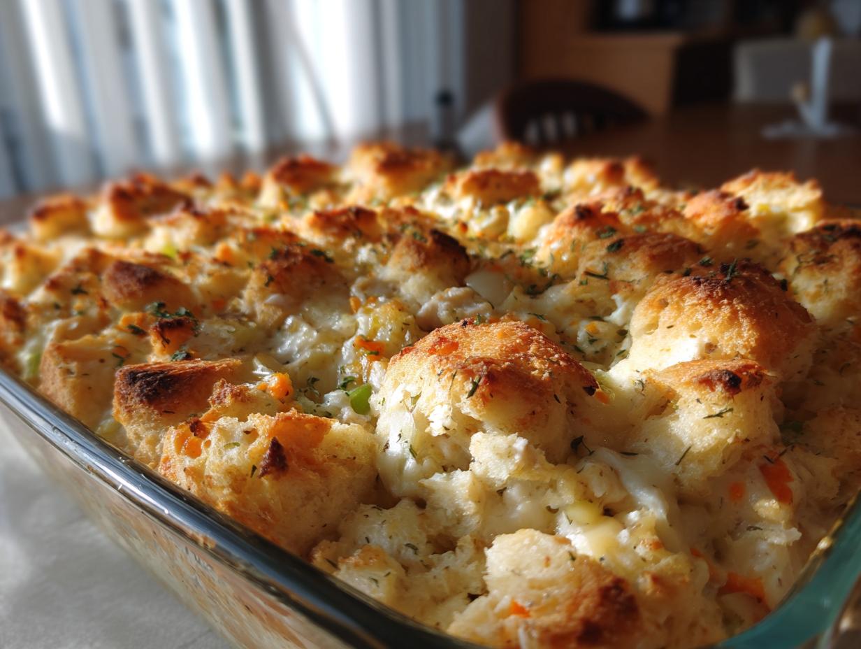 Close-up of a golden brown chicken stuffing casserole in a glass baking dish, topped with herbs.
