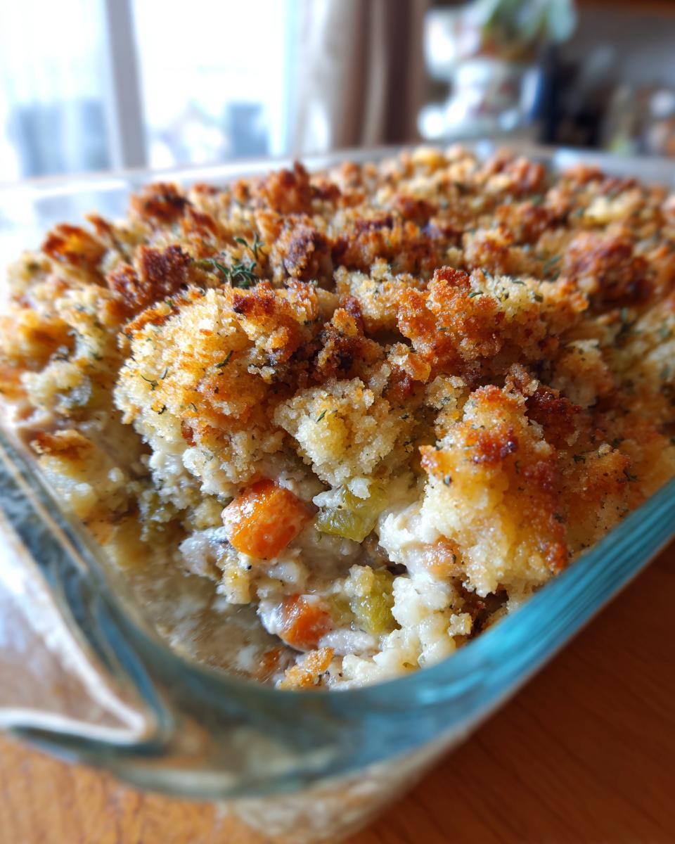 Close-up of a golden brown chicken stuffing casserole in a glass dish, showing chunks of chicken, carrots, and celery.