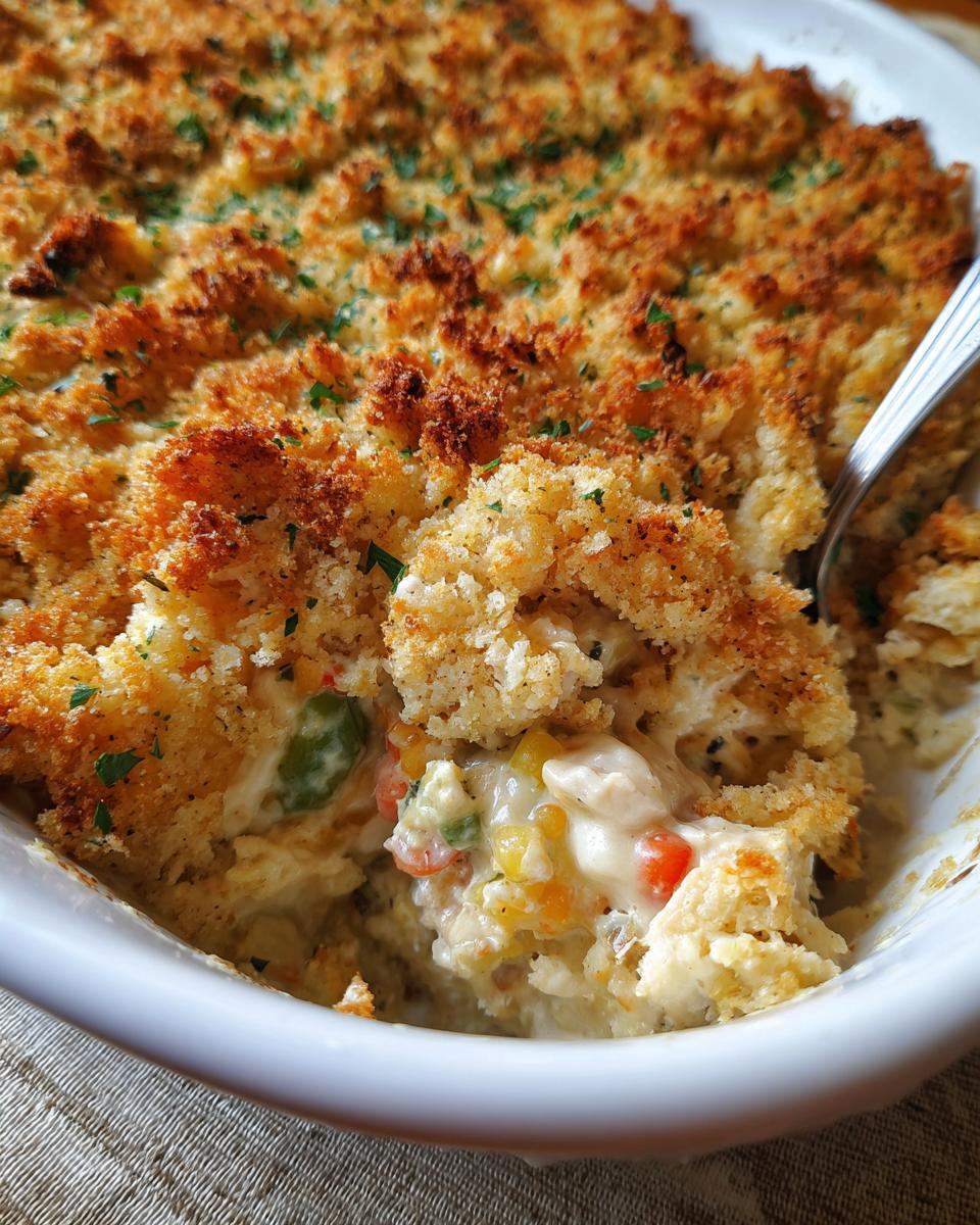 A close-up of a golden-brown chicken stuffing casserole, with a spoonful being lifted out, revealing creamy chicken and vegetables.