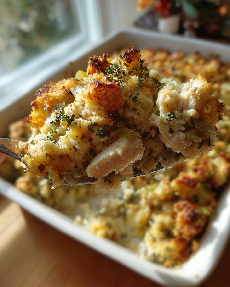 A spoonful of delicious chicken stuffing casserole, showing tender chicken pieces and a golden-brown crust.