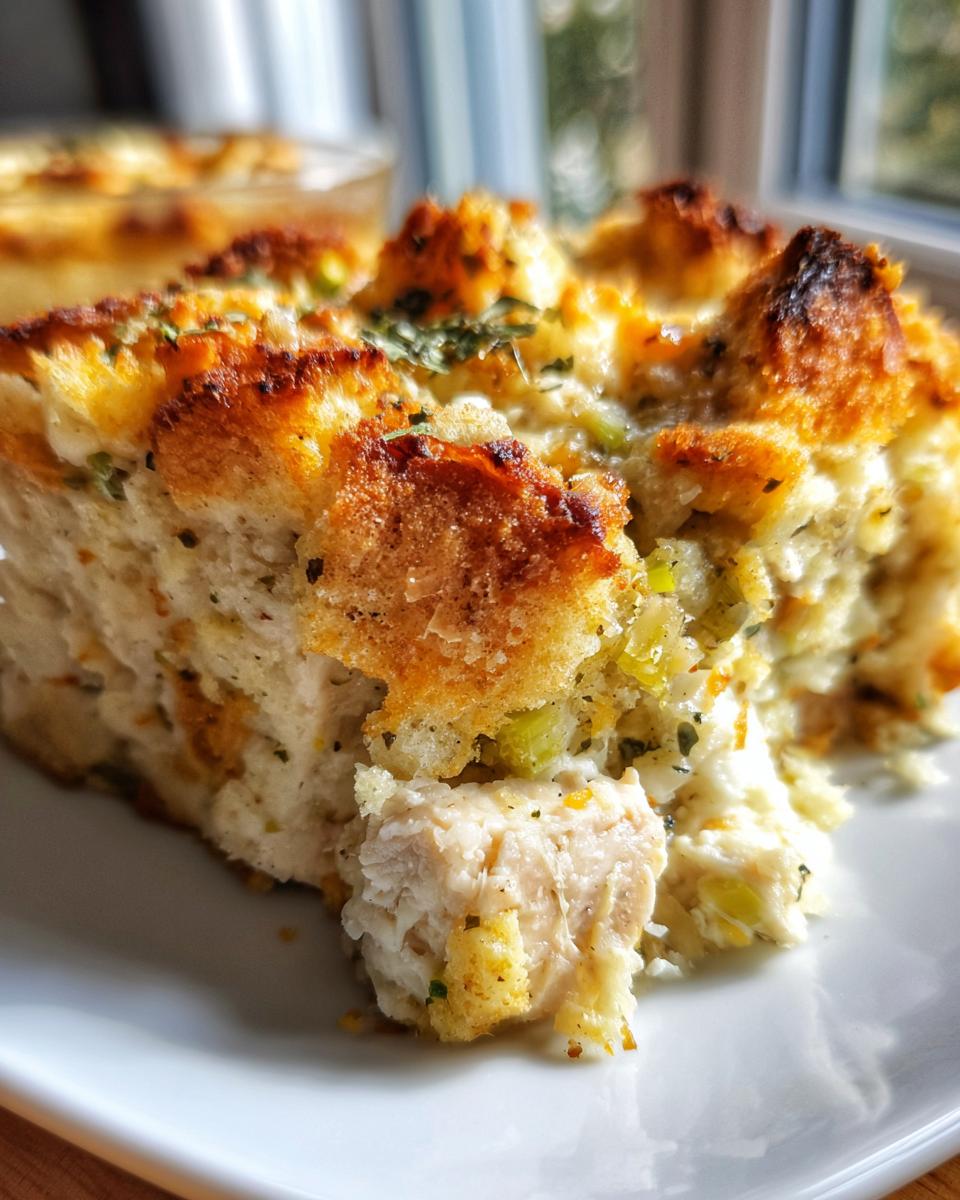 Close-up of a generous slice of chicken stuffing casserole, showcasing tender chicken, bread cubes, and herbs.