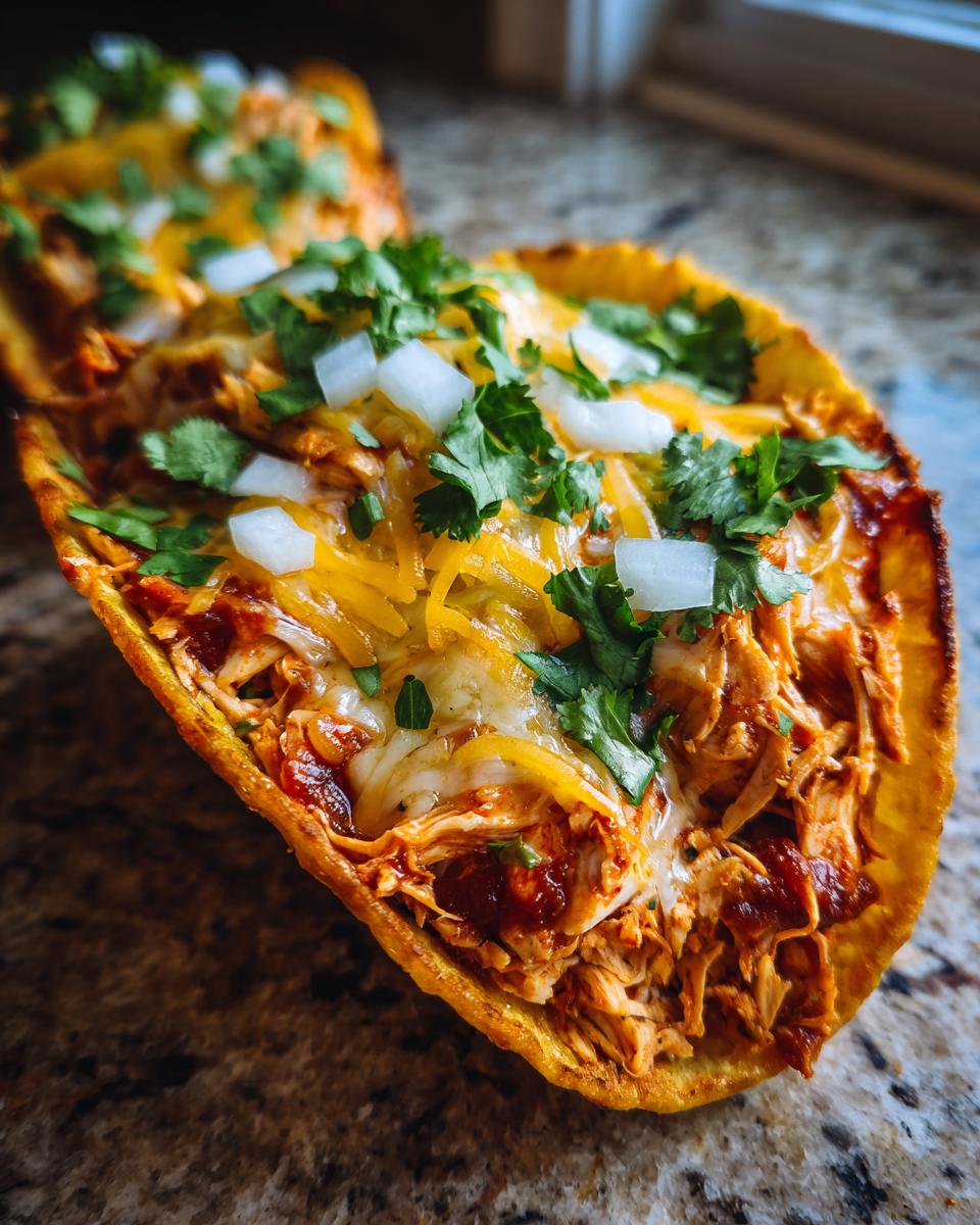 Close-up of a crispy chicken taco overflowing with shredded chicken, melted cheddar cheese, diced onions, and cilantro.