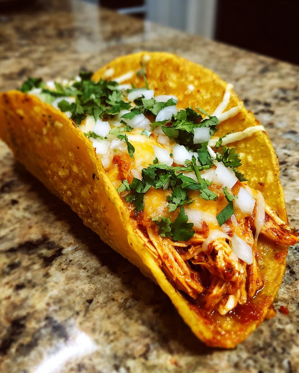 Close-up of a crispy chicken taco filled with shredded chicken, melted cheese, onions, and cilantro.