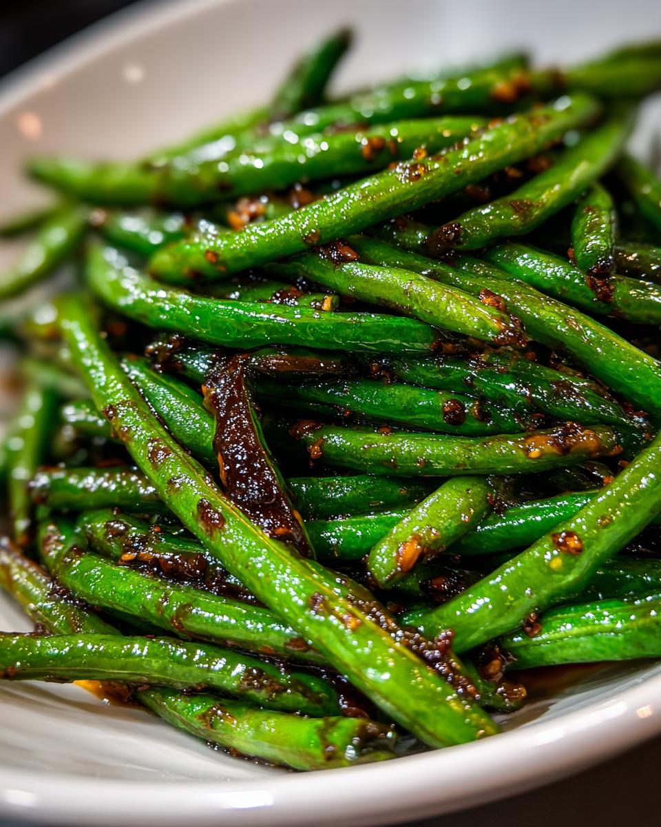 Close-up of vibrant Chinese green beans coated in a glistening garlic sauce, ready to serve.