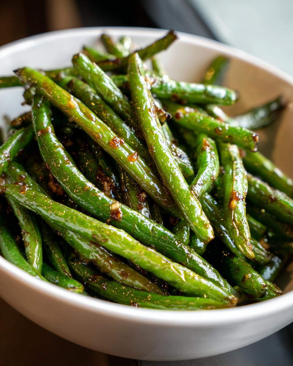 A close-up of glossy Chinese green beans coated in a savory garlic sauce, served in a white bowl.