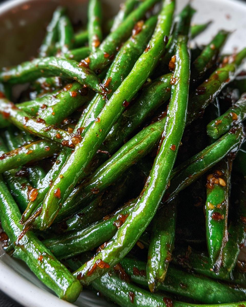 Close-up of vibrant Chinese green beans coated in a glistening garlic sauce with chili flakes.