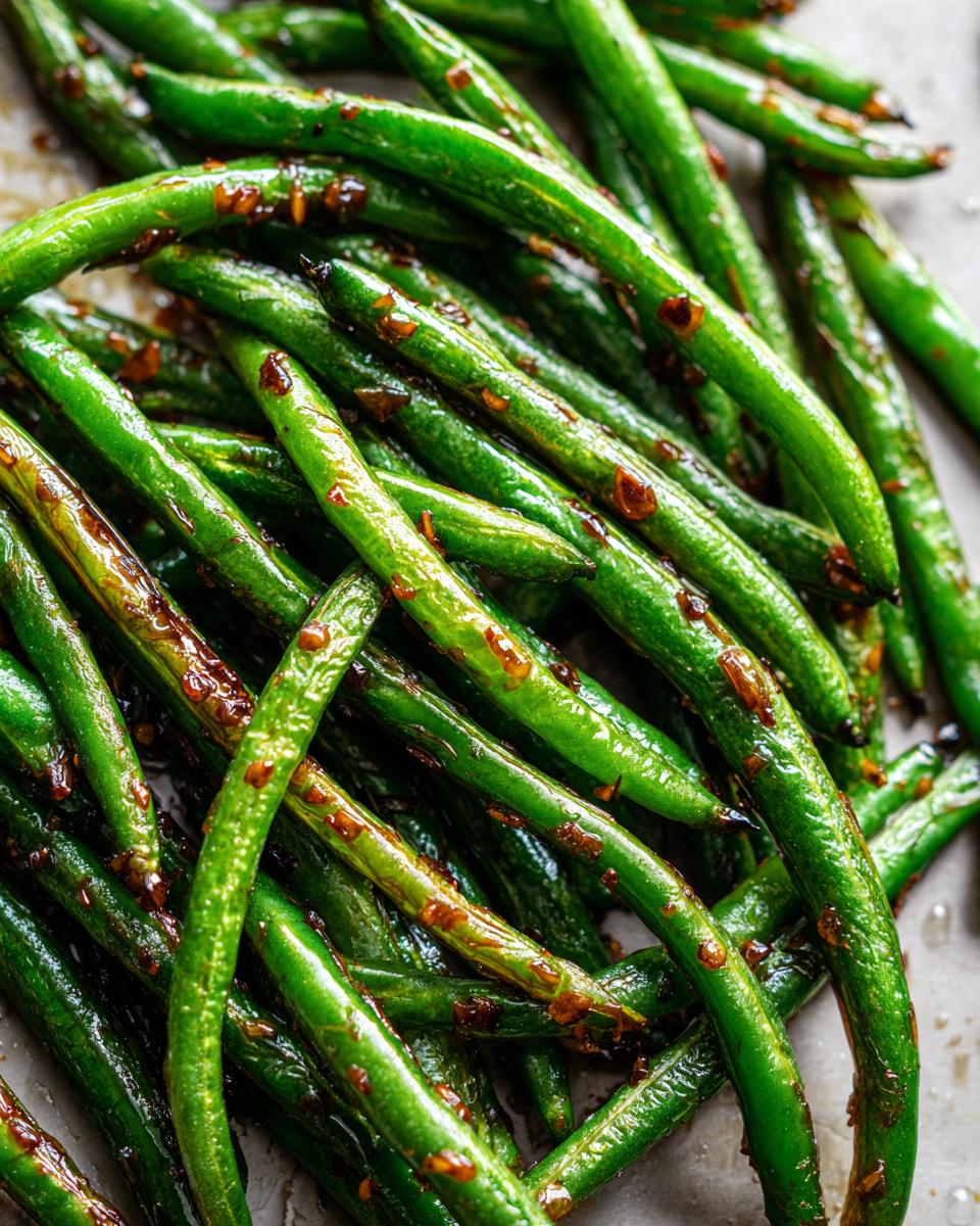 Close-up of vibrant Chinese green beans coated in a glistening garlic sauce, ready to be served.