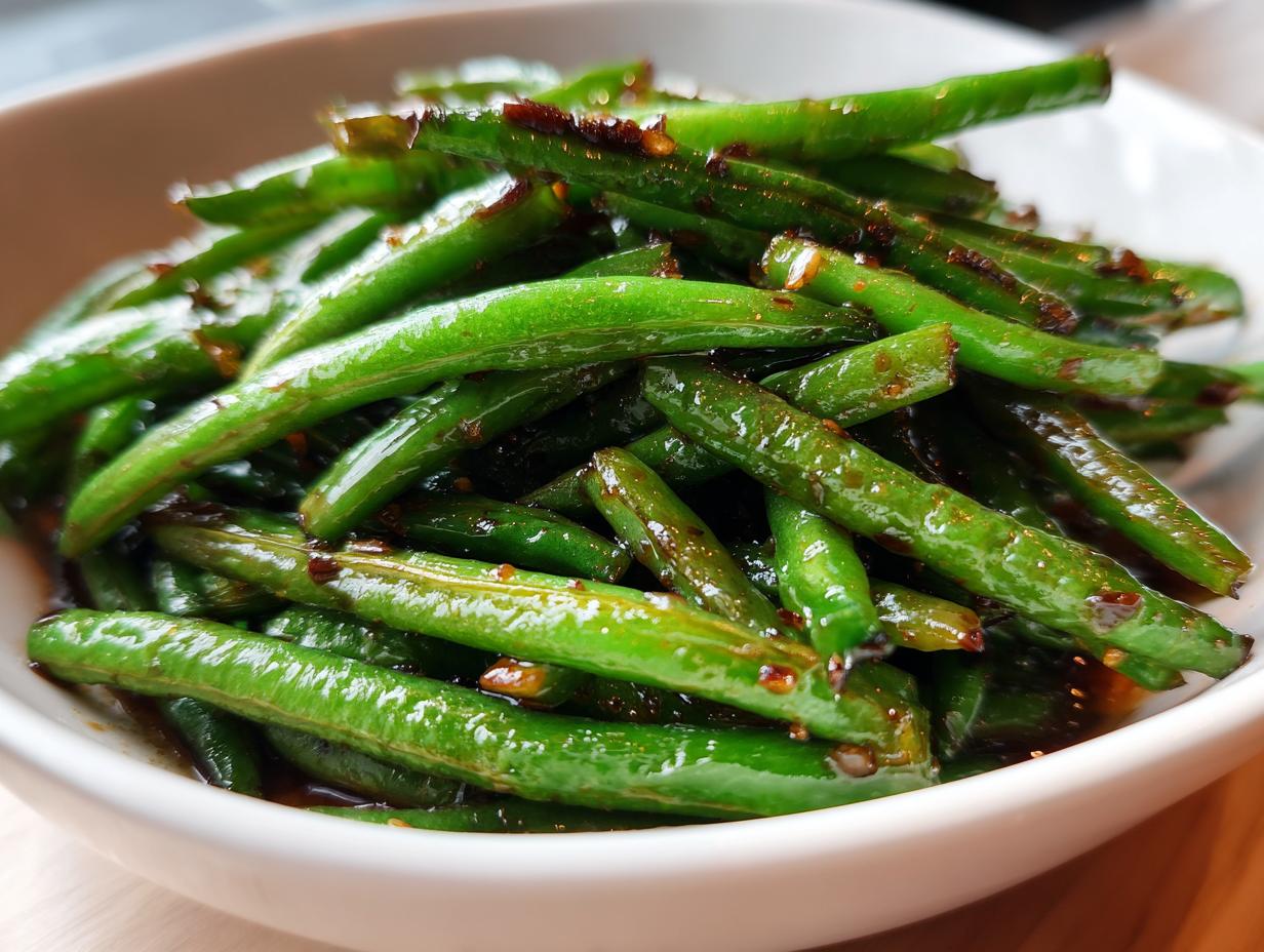 Close-up of glossy Chinese green beans coated in a savory garlic sauce, ready to be served.