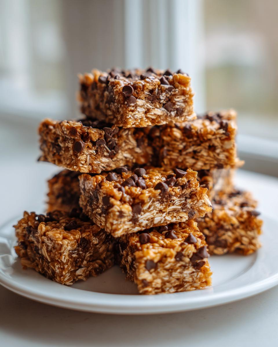 Stack of chewy chocolate chip oatmeal bars, a perfect example of homemade sweet snacks, on a white plate.