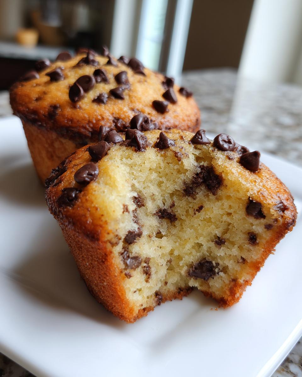 Close-up of two chocolate chip protein muffins on a white plate, one with a bite taken out showing the soft interior.