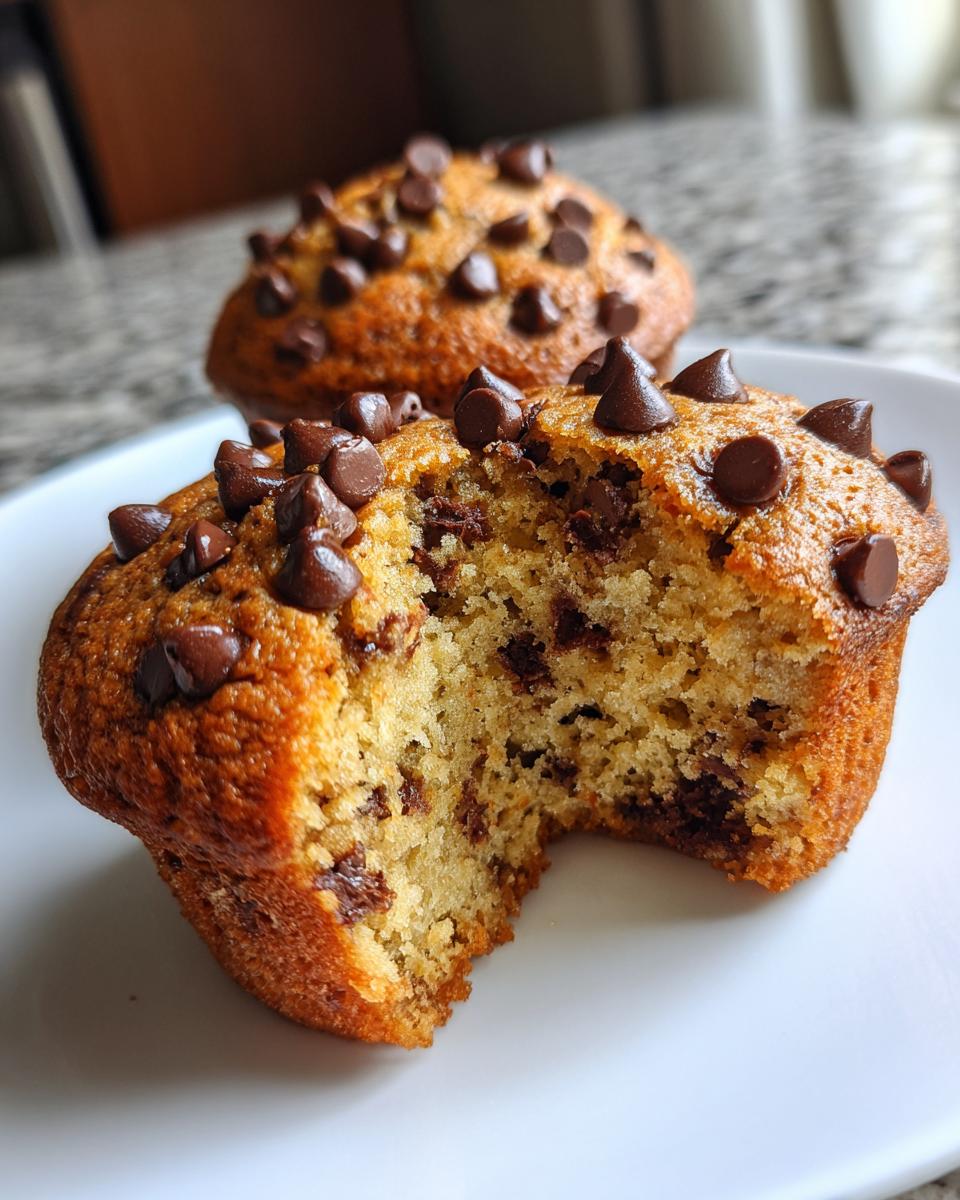 Close-up of a chocolate chip protein muffins, one of which has a bite taken out showing the soft interior.