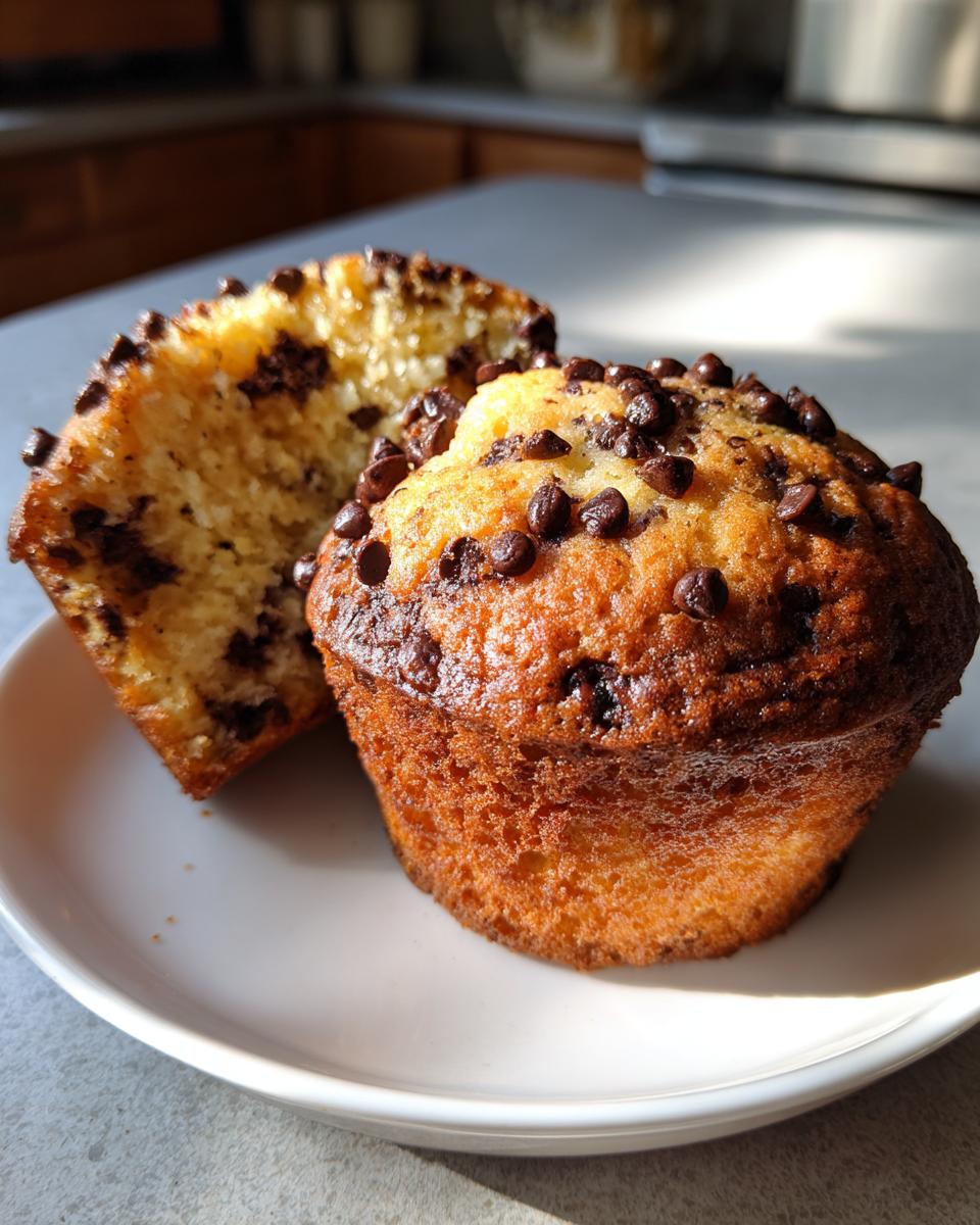 Two delicious chocolate chip protein muffins on a white plate, one cut in half showing the moist interior.