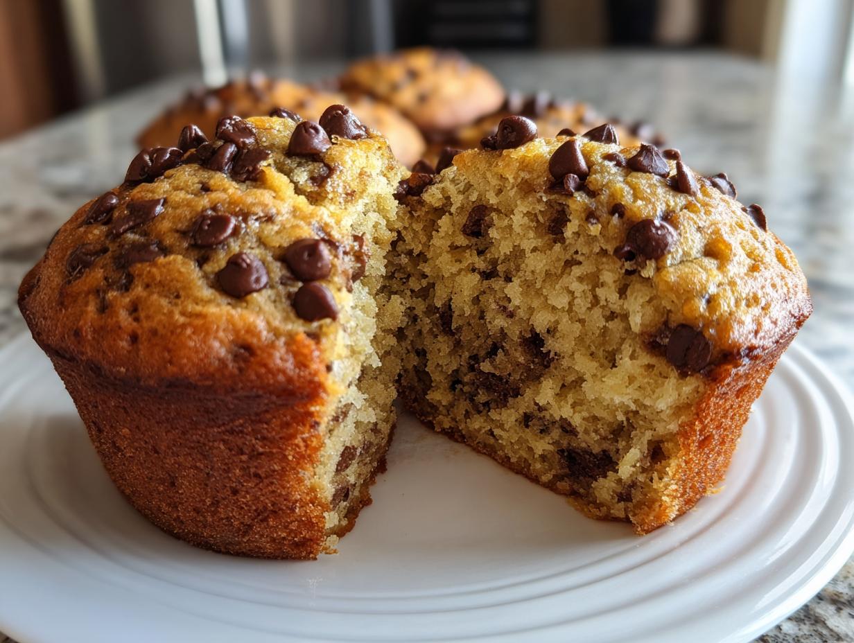 Close-up of a chocolate chip protein muffin cut in half, showing the soft, moist interior and chocolate chips.