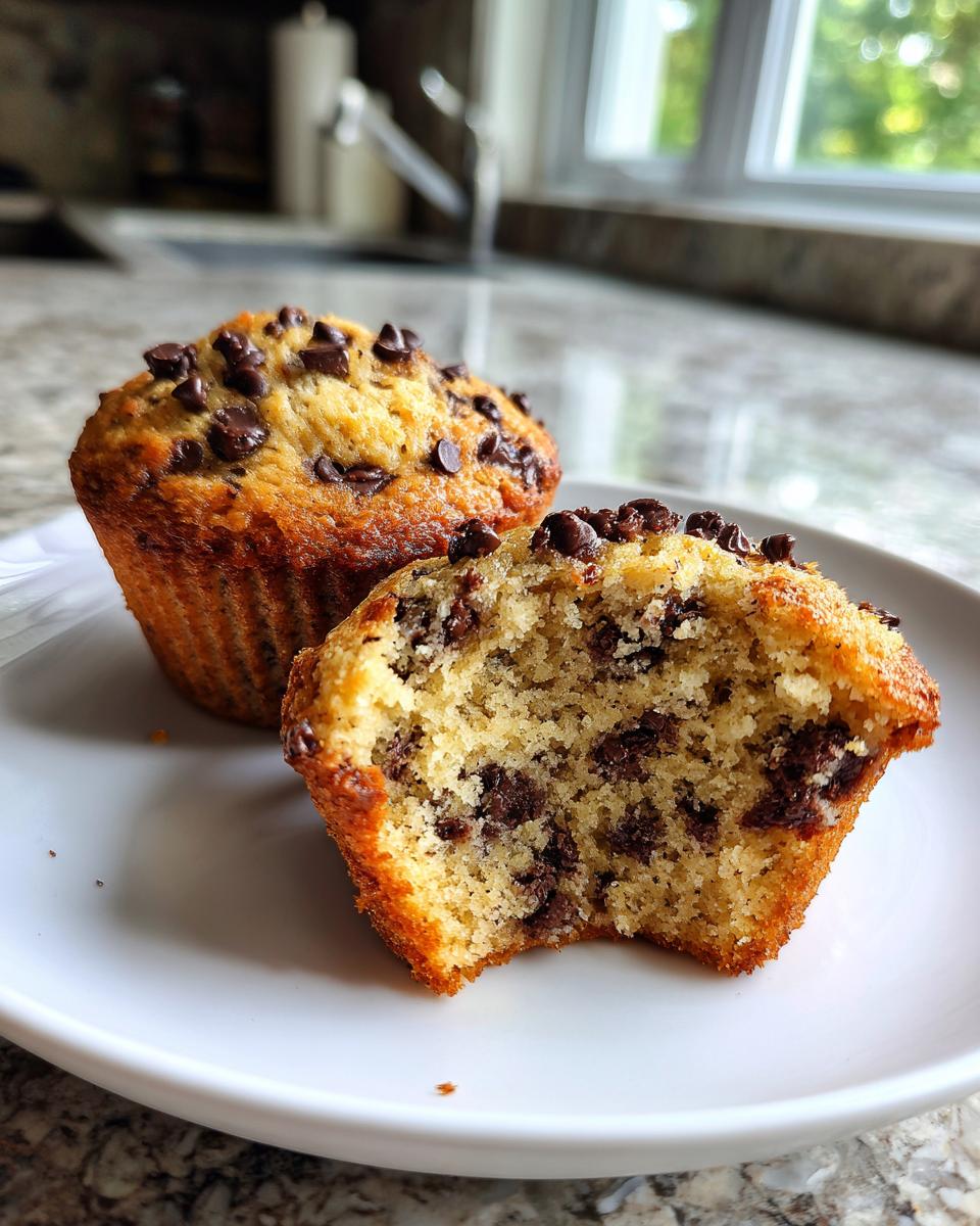 Two chocolate chip protein muffins on a white plate, one broken open showing the moist, chocolate-chip-filled interior.