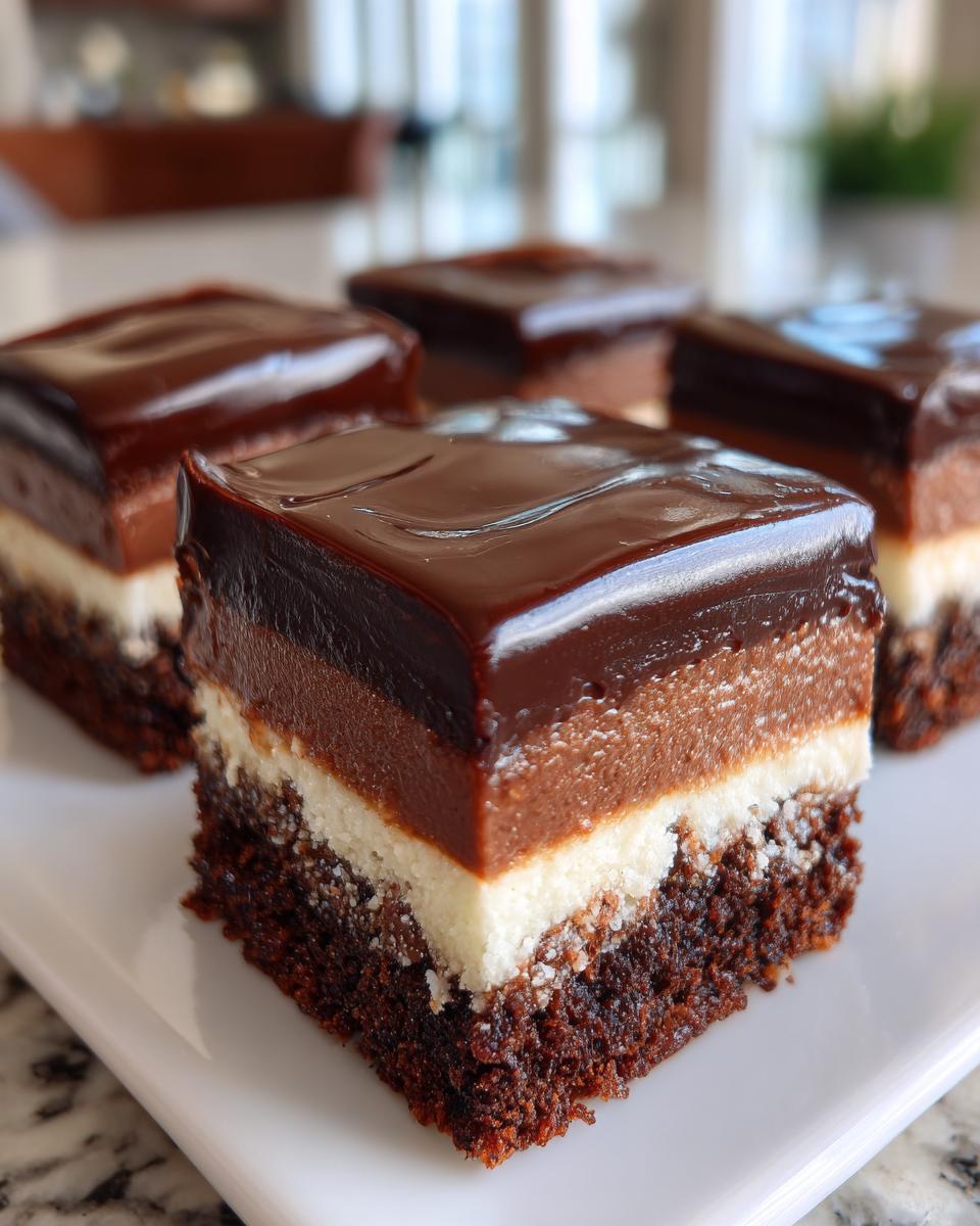 Close-up of three-layered Chocolate Dream Bars with a rich chocolate glaze on a white plate.
