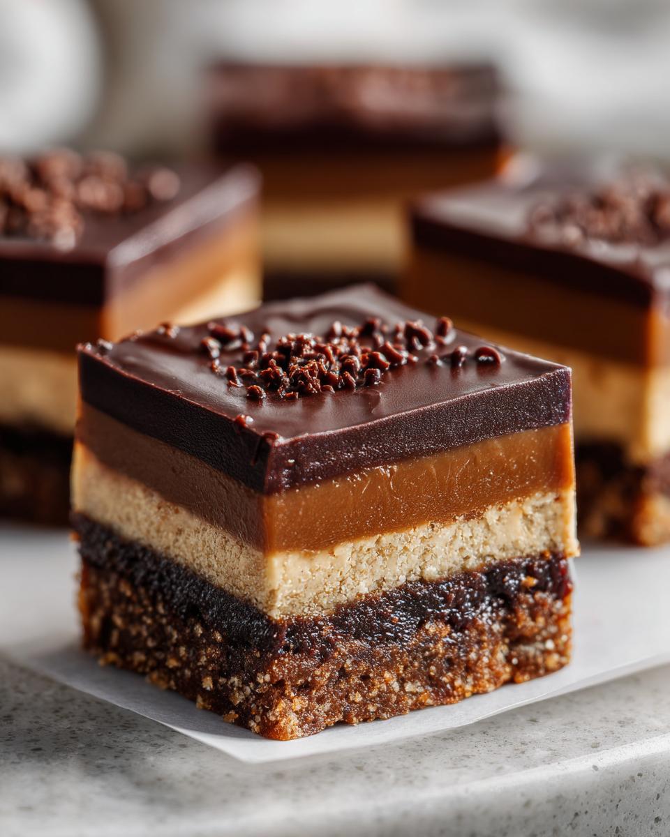 A close-up of a decadent Chocolate Dream Bar with multiple layers and chocolate sprinkles on top.