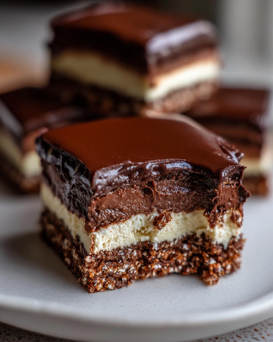 A close-up of a decadent Chocolate Dream Bar with layers of chocolate and cream on a plate.