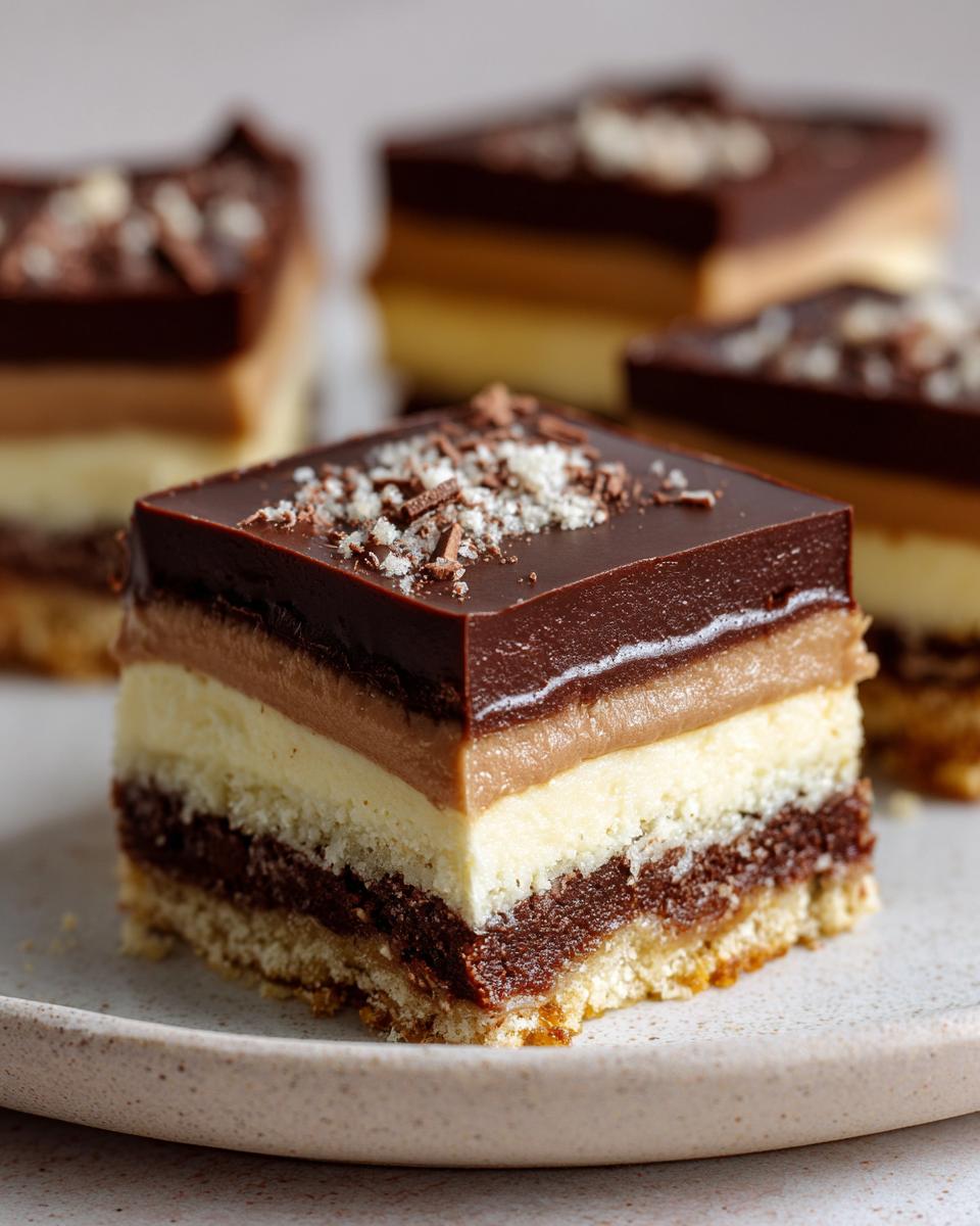 A close-up of a decadent Chocolate Dream Bar slice with multiple layers, topped with chocolate shavings.