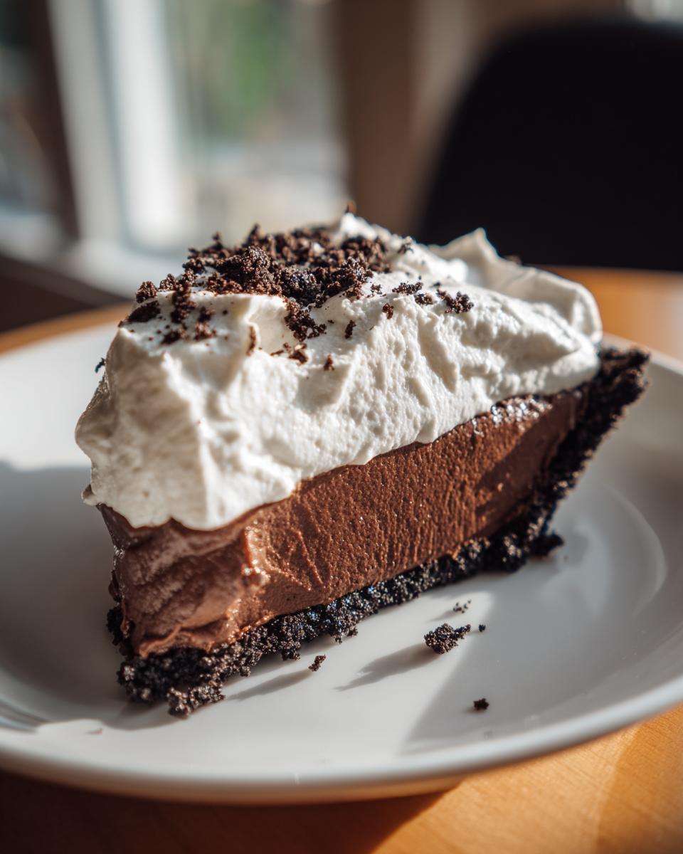 A decadent slice of Christmas chocolate cream pie featuring a dark crust, rich chocolate filling, and whipped cream topping with cookie crumbles.