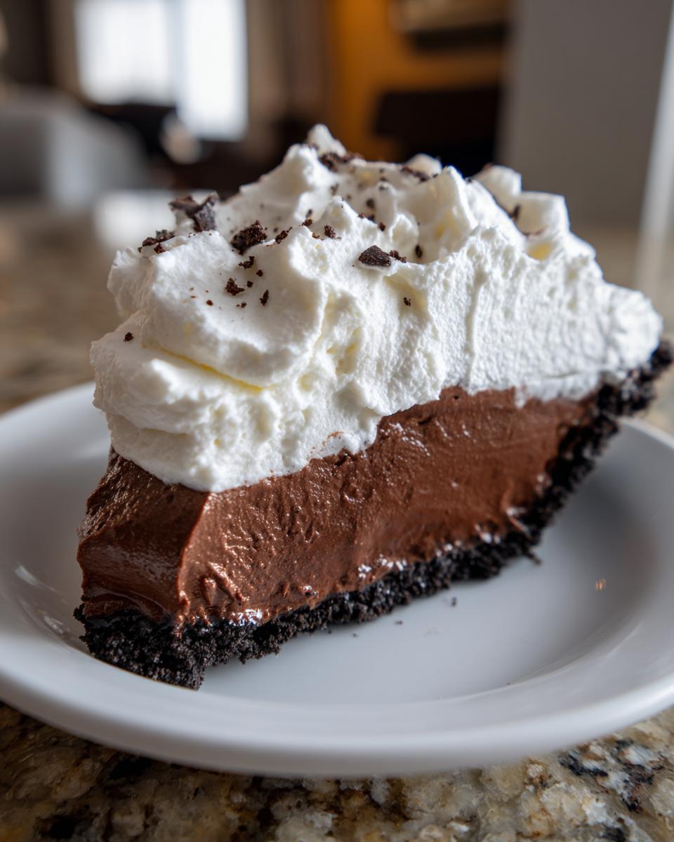 A rich slice of Christmas chocolate cream pie featuring a dark crust, thick chocolate filling, and high topping of whipped cream.