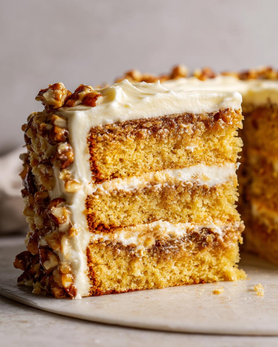 A close-up slice of Christmas toffee crunch cake showing three layers of sponge, toffee filling, and cream cheese frosting topped with nuts.