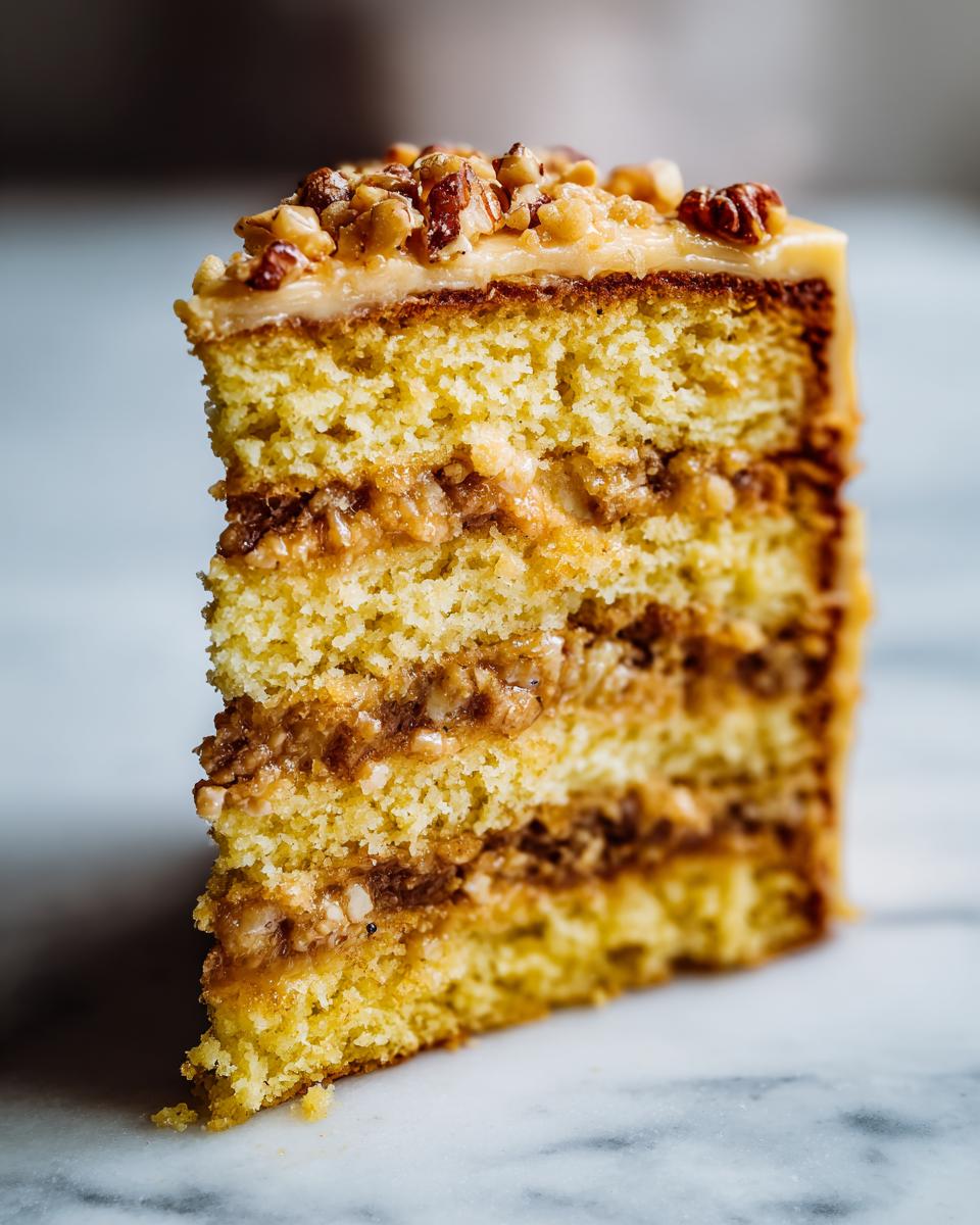 Close-up of a tall slice of Christmas toffee crunch cake showing multiple layers of yellow sponge and toffee nut filling.