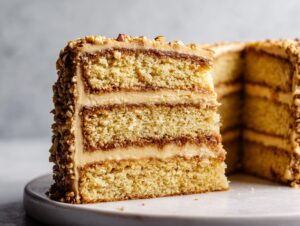 Close-up of a slice of Christmas toffee crunch cake showing three layers of sponge and toffee filling, coated in nuts.