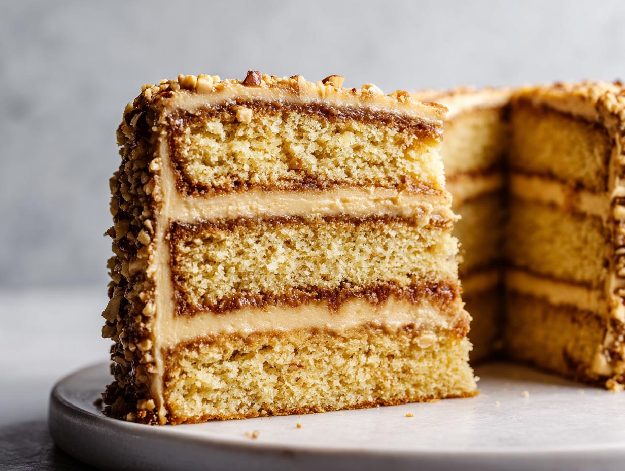 Close-up of a slice of Christmas toffee crunch cake showing three layers of sponge and toffee filling, coated in nuts.