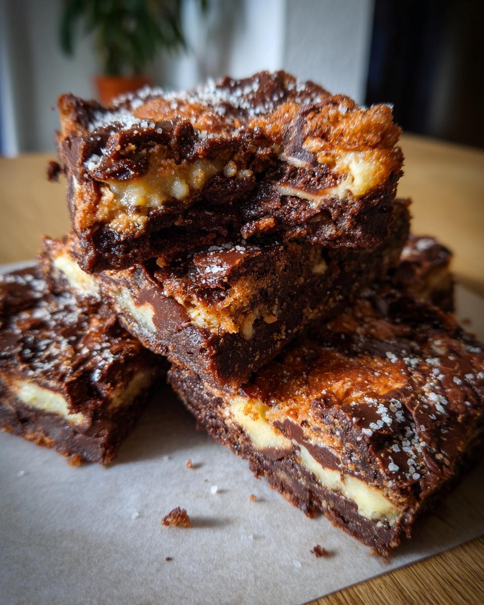 Stack of rich, fudgy brownies featuring a creamy layer and crunchy topping, sprinkled with salt, representing churro saltine toffee.