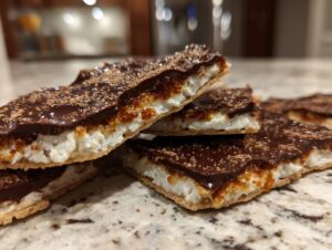 Close-up of stacked pieces of churro saltine toffee showing the cracker base, white filling, and chocolate topping.