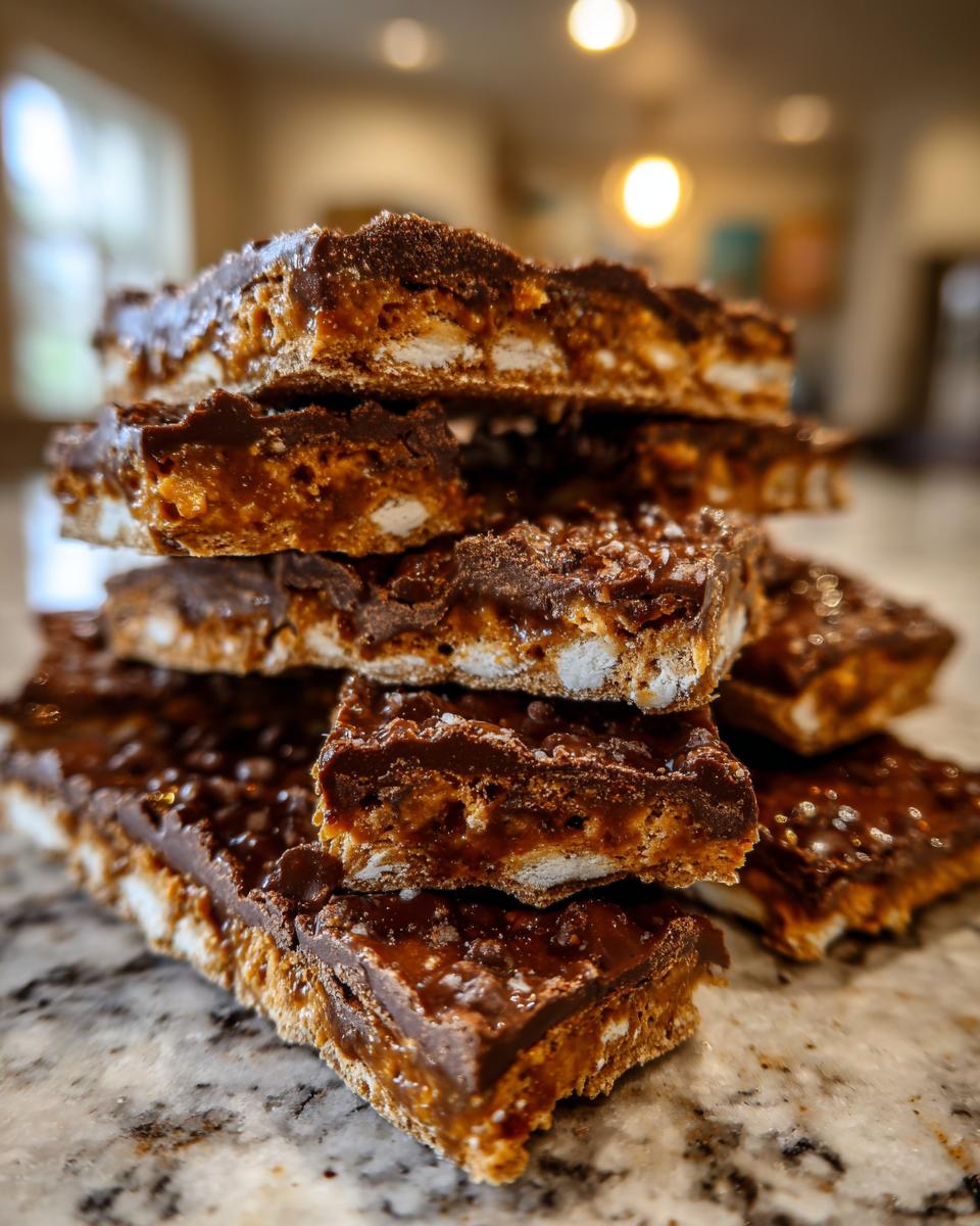 Close-up of stacked churro saltine toffee bars showing the salty caramel layer and chocolate topping.