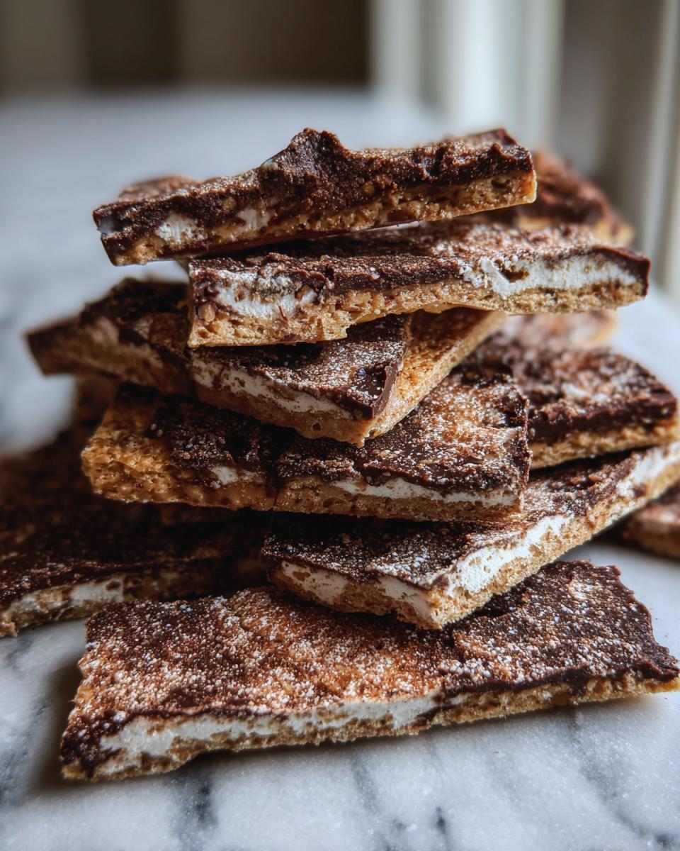 A stack of homemade churro saltine toffee bars featuring a crunchy base, marshmallow layer, and chocolate topping dusted with cinnamon.