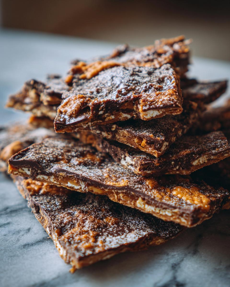 A stack of broken pieces of churro saltine toffee topped with cinnamon sugar.