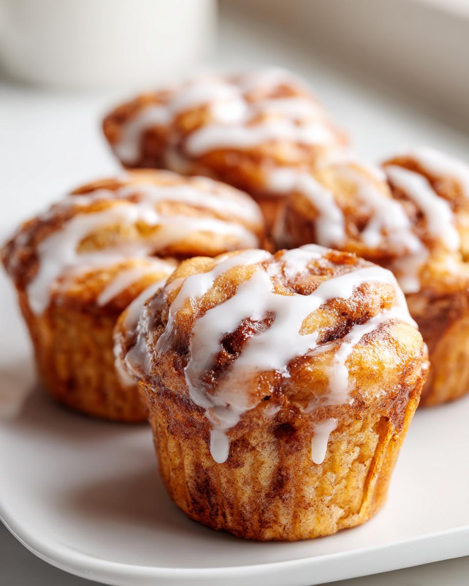 Close-up of several freshly baked cinnamon roll bites drizzled with white glaze on a white plate.