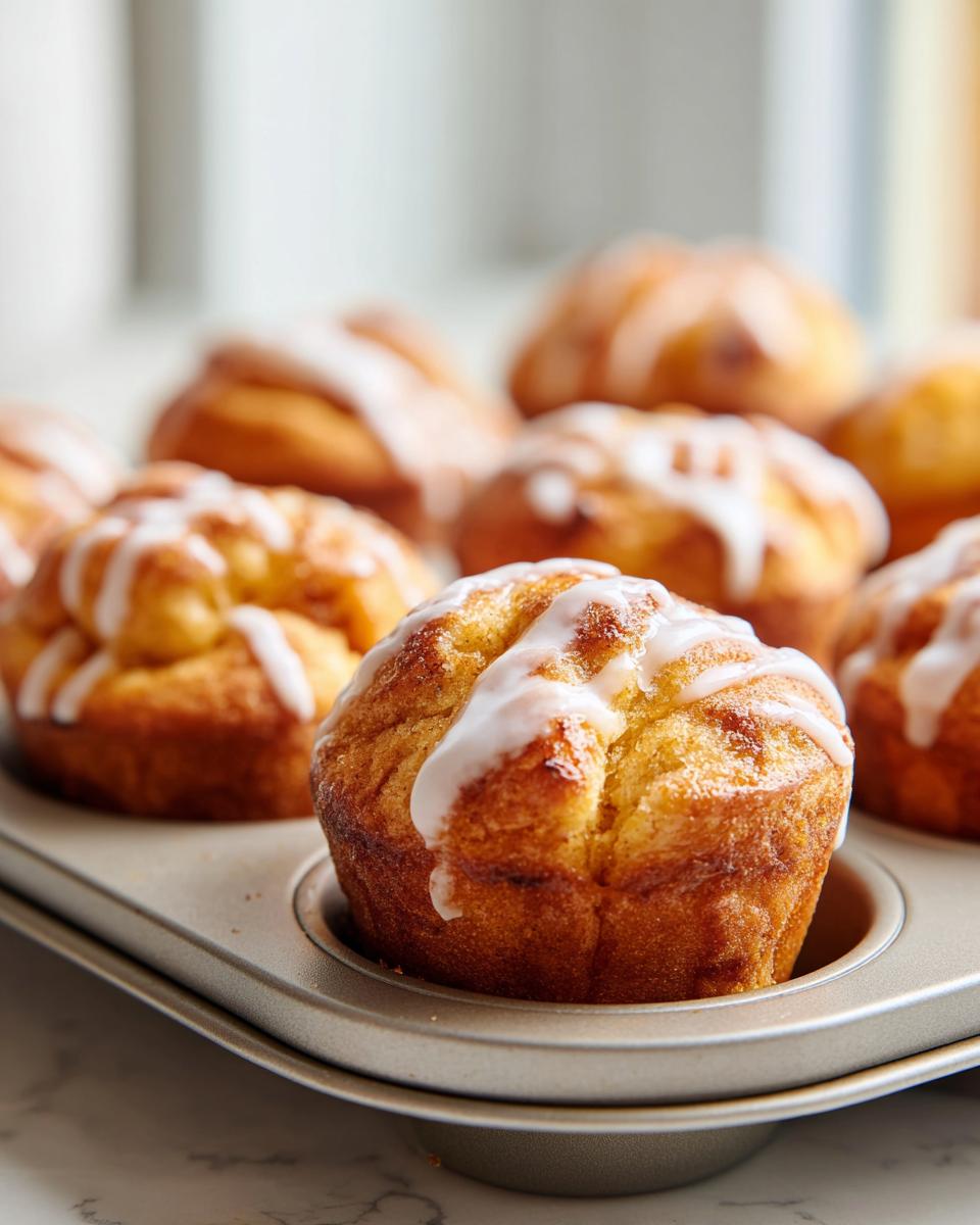 Close-up of golden brown cinnamon roll bites drizzled with white glaze in a muffin tin.