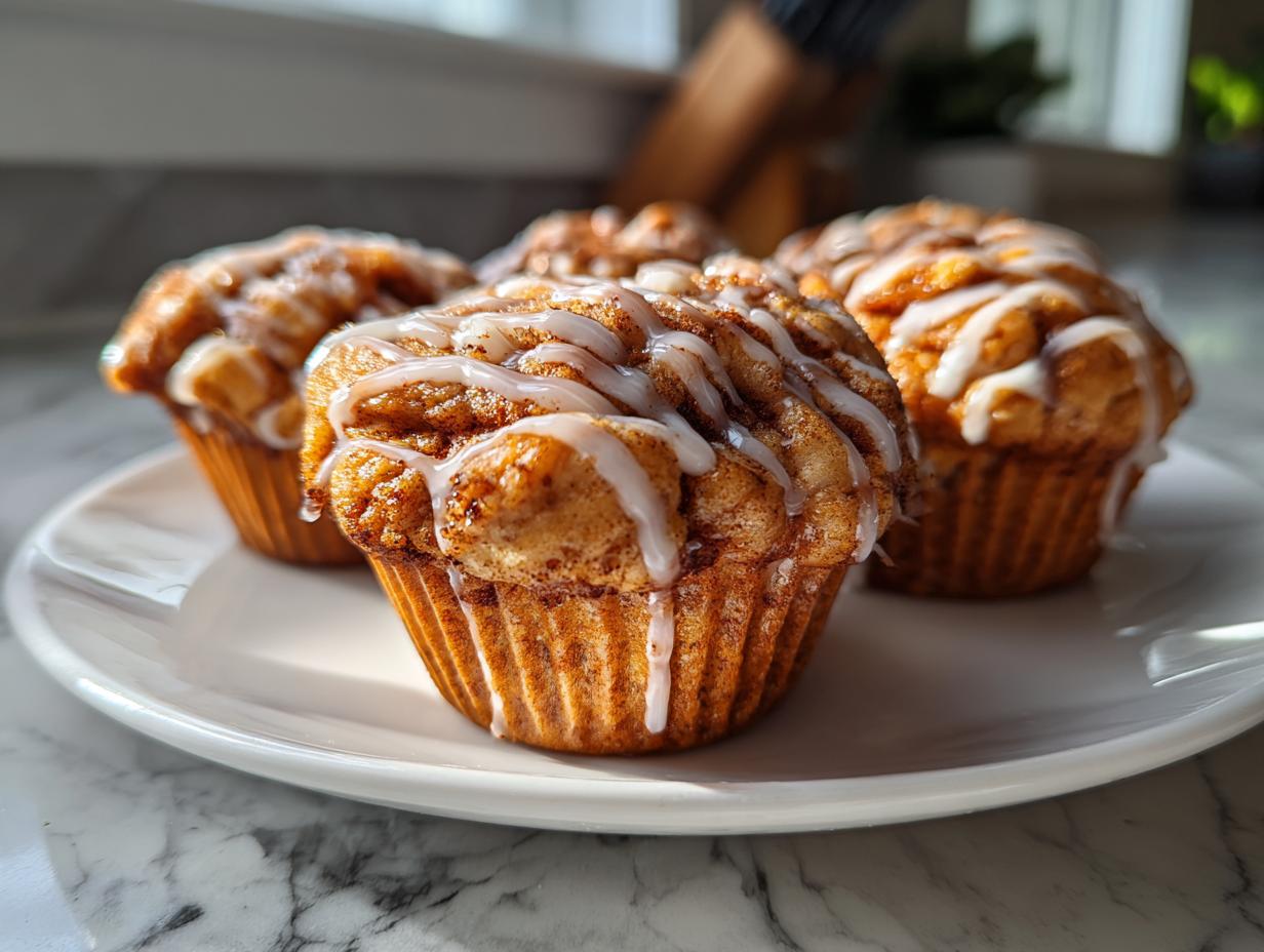 Close-up of freshly baked cinnamon roll bites drizzled with white glaze on a white plate.