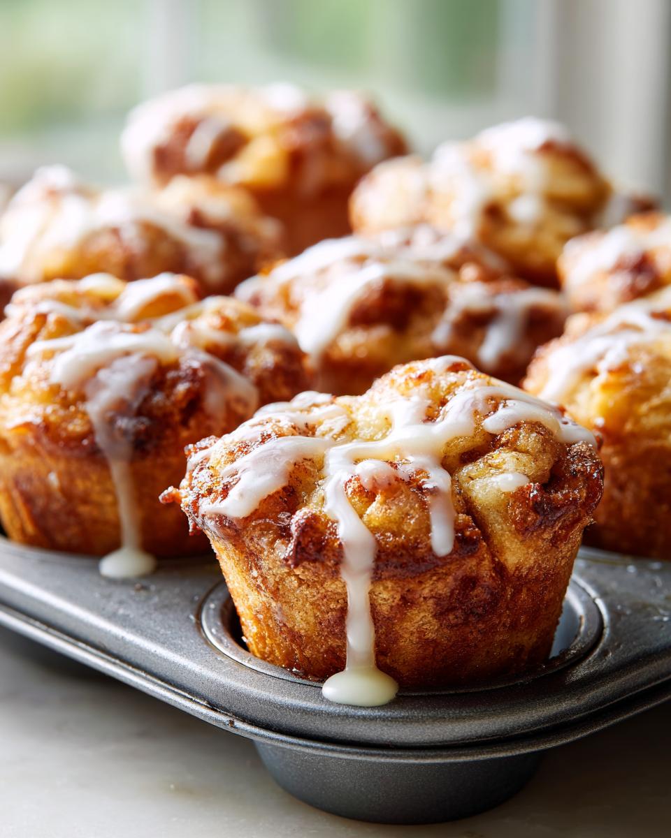 Close-up of golden brown cinnamon roll bites in a muffin tin, generously drizzled with white icing.