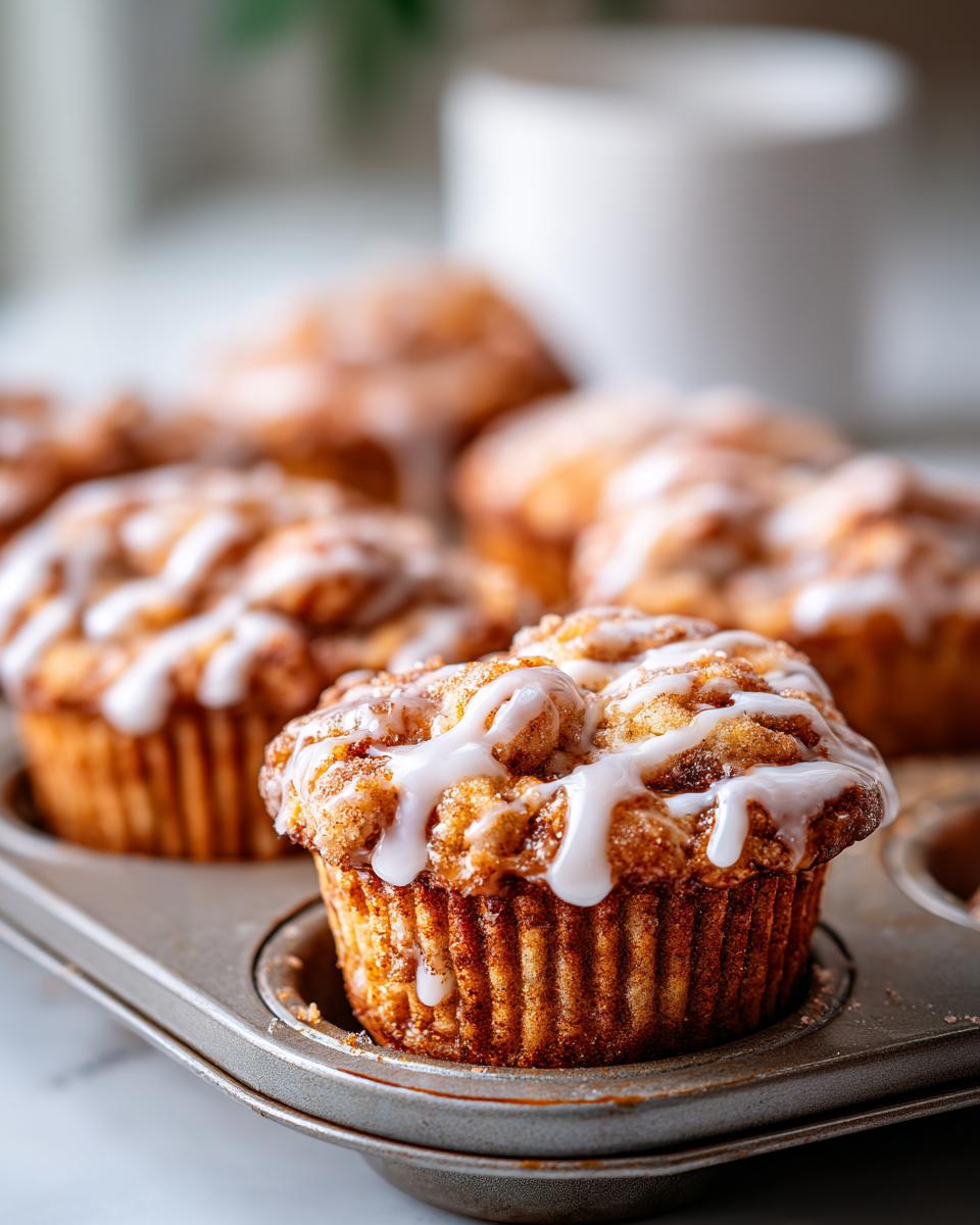 Close-up of freshly baked cinnamon roll bites drizzled with white icing in a muffin tin.
