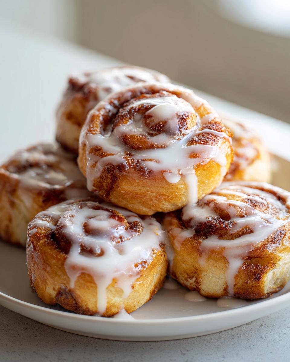 Close-up of a stack of delicious cinnamon roll cookies generously topped with white icing.