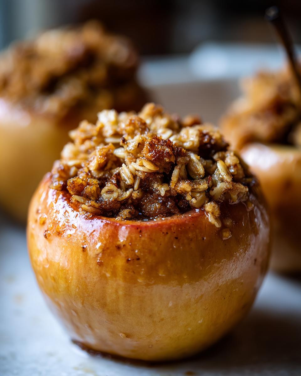 A close-up of a glistening, golden baked apple filled with a rich, brown sugar and oat crumble topping.