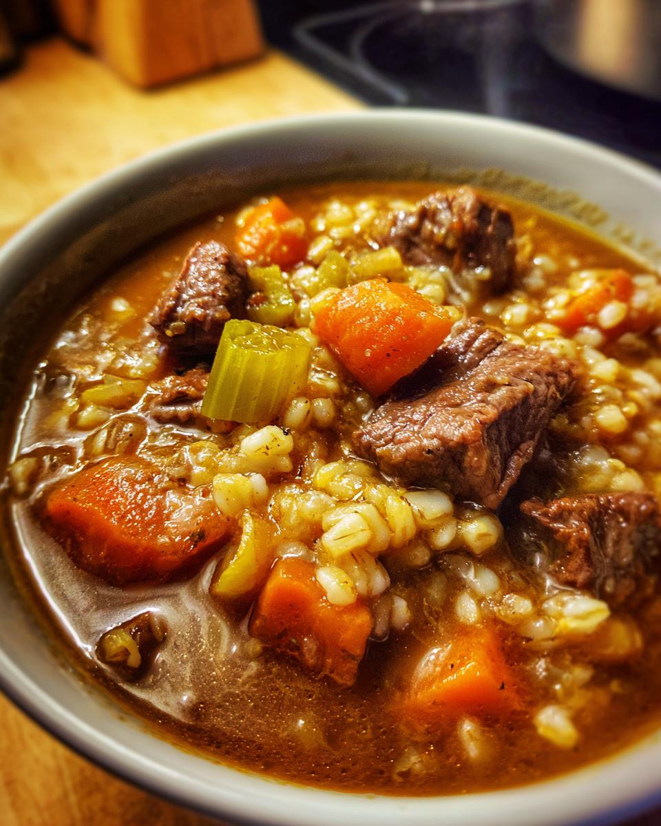 Close-up of a steaming bowl of rich beef barley soup featuring chunks of beef, carrots, celery, and plump barley grains.