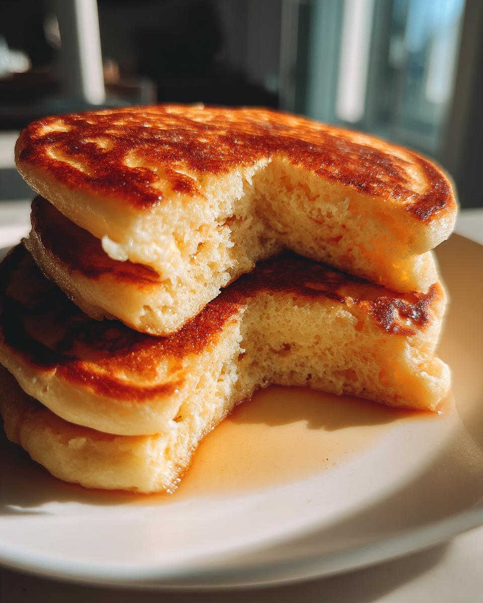 A stack of fluffy cottage cheese pancakes with a bite taken out, drizzled with syrup.