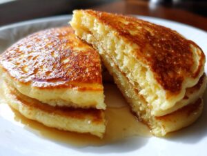 A close-up of a stack of fluffy cottage cheese pancakes with syrup.