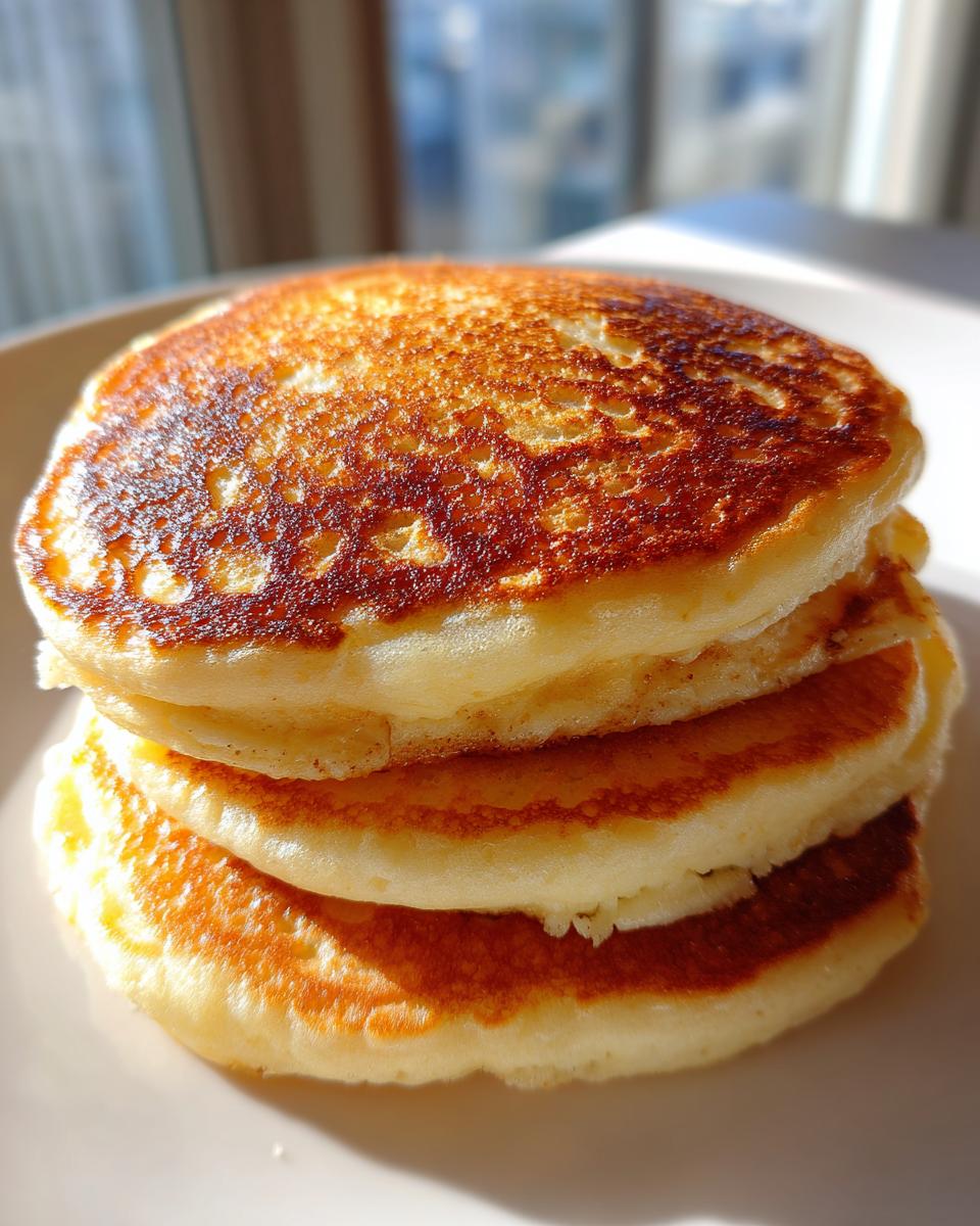 A close-up of a stack of three golden-brown cottage cheese pancakes, perfectly cooked.