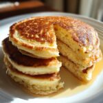 A stack of fluffy cottage cheese pancakes with a slice cut out, glistening with syrup.
