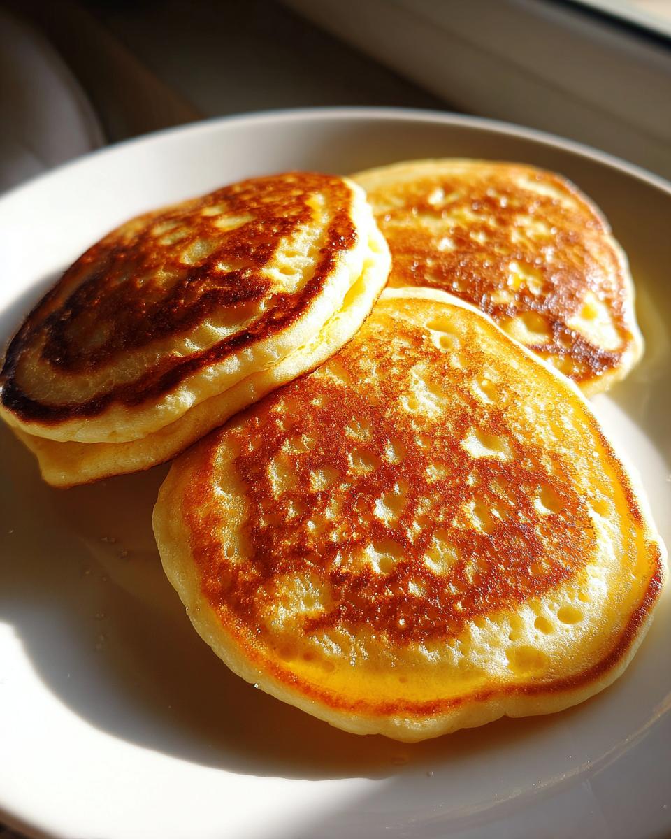 A close-up of a stack of three golden-brown cottage cheese pancakes on a white plate, catching the sunlight.
