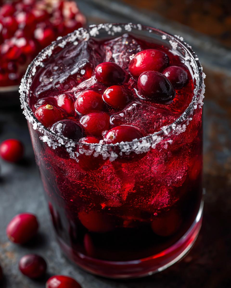 A festive Cranberry Pomegranate Margarita in a salt-rimmed glass, filled with ice and fresh cranberries and pomegranate seeds.